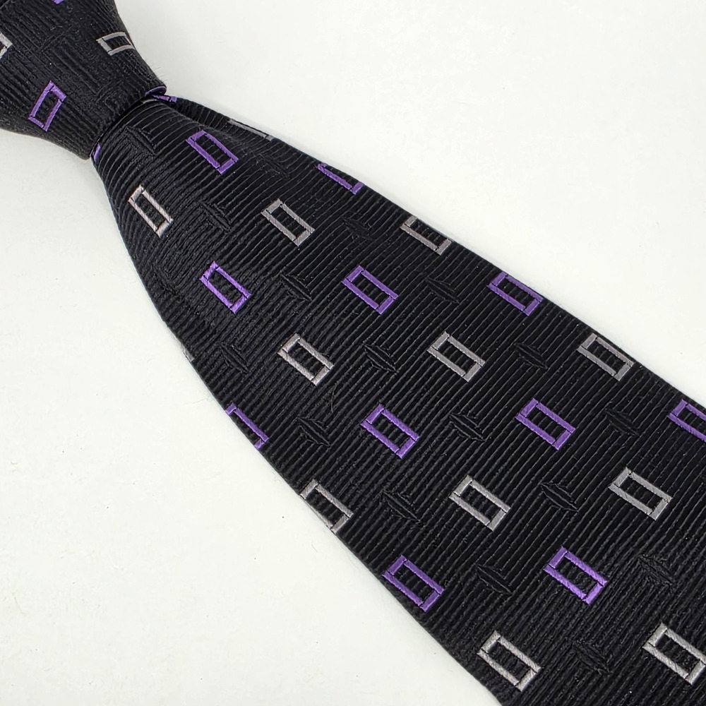 Paul Fredrick Geometric Silk‎ Necktie Men Black Purple Silver Italian Silk